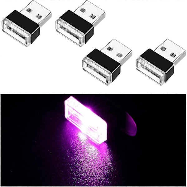 4 stk. USB LED Bil Lys, Mini USB Bil Lys, Plug-in USB Interface Bagagerums Stemningsbelysning Bærbar Natlampe Pink