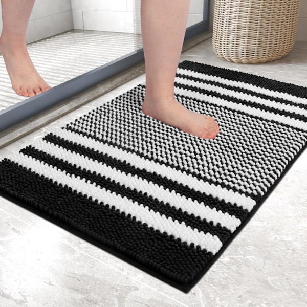 Kylpyhuoneen Matto, Ylimääräisen Pehmeä ja Imuva, Nukkainen Raidallinen Chenille, Liukumaton Karvainen Kylpyhuoneen Lattiamatto, Konepesu (40 x 60 cm) Black