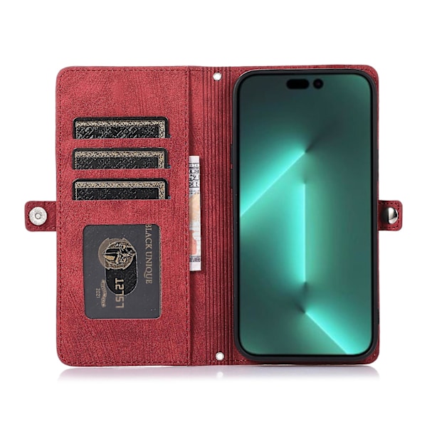 Mobilskal i läder med flera kortfack för iPhone 15 Pro Max Red