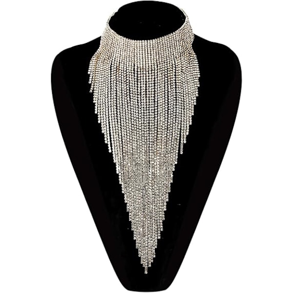 Rhinestone Statement Halskjede for Kvinner Tassel Bib Choker Krage Chunky Kostymesmykker A