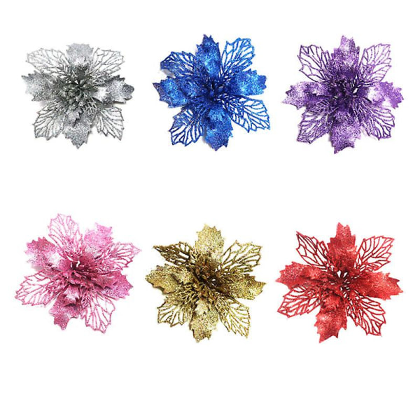 6st Julgran Dekorativ Blomma Glitter Simulera Blommor Ornamenter Delikat ihåliga blommor Jultillbehör