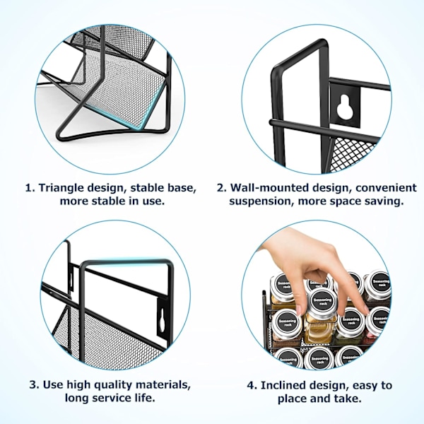 1-pack 3-vånings Kryddställ, Fristående, Kryddorganisatör för Bänken, Metallkryddburksorganisatör Black