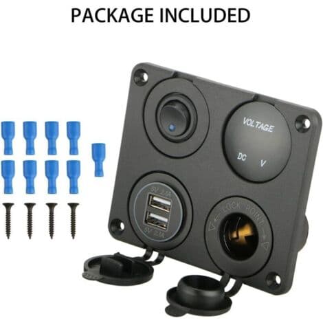 4-i-1 Laderuttakspanel, 12V 4.2A Dobbel USB-laderuttak Strømuttak og LED Voltmeter - Blå