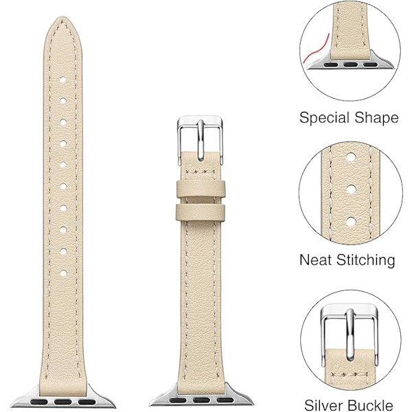 Läderarmband Kompatibelt med Apple Watch-armband Äkta Slim&Thin Läderersättningsband, Armband för iwatch Serie Kvinnor Män Lvory white&Silver 42/44/45/49mm