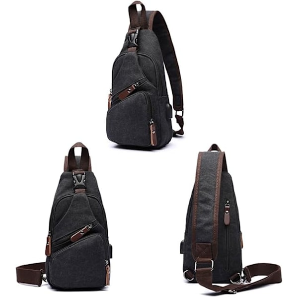 Canvas Sling Bag Crossbody Ryggsäck Axelväska Casual Ryggsäck för Män Kvinnor Utomhus Cykling Vandring Resa Fiske Shopping Trekking Black