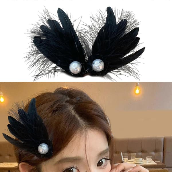 2 stk. Broderede Vinge Side Hårklemmer Fjer Hårklemmer Hårnåle Kvinder Hårtilbehør til Bryllupper Dansefester Black feather pearl