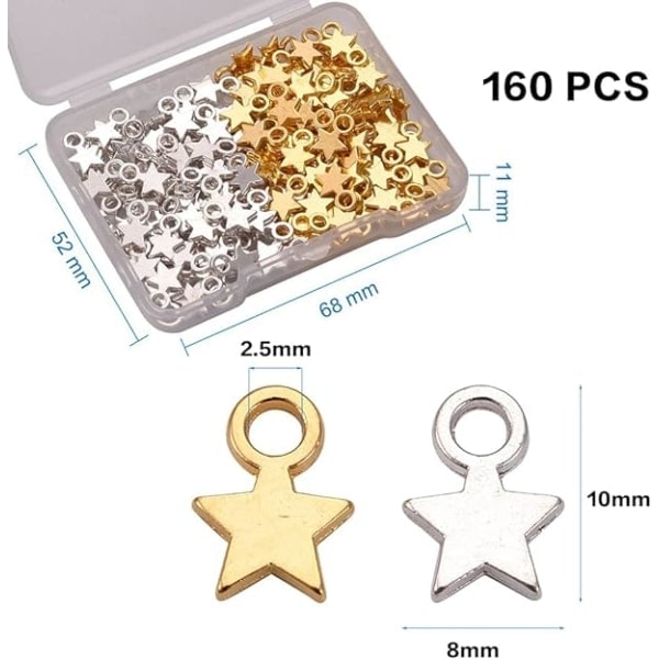 160 tähti charmia, miniatyyritähtiä, pentagrammi charmia tytöille, DIY-korujen valmistus, korvakorut, rannekorut, askartelut, kulta ja hopea