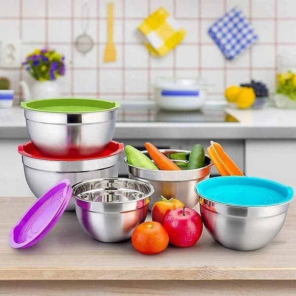 Sæt med 5 indlejrede salatskåle i rustfrit stål med låg til tilberedning, blanding og servering