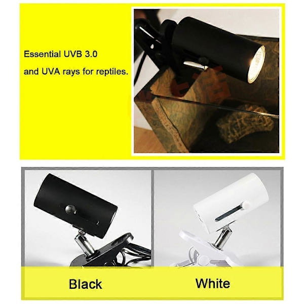 Reptil Lampe med UVB + UVA, Clip-on Keramisk Holder til Skildpadde Solbadning og Opvarmning, Firben Belysning Black A1