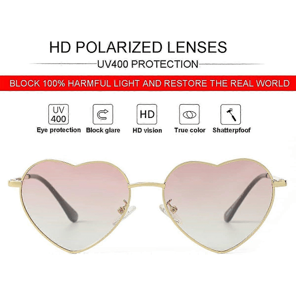 SDIGV Polariserade hjärtformade solglasögon för kvinnor, moderiktig söt stil, metallram, UV400-skydd Gold Gradient Pink