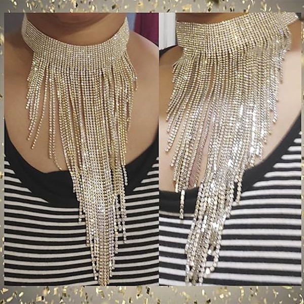 Rhinestone Statement Halskjede for Kvinner Tassel Bib Choker Krage Chunky Kostymesmykker A