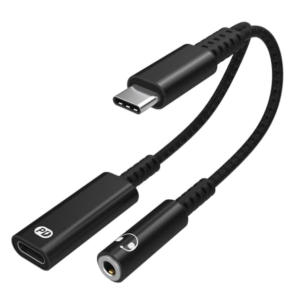 USB-C adapter for 3,5 mm hodetelefoner og USB-C lader Svart