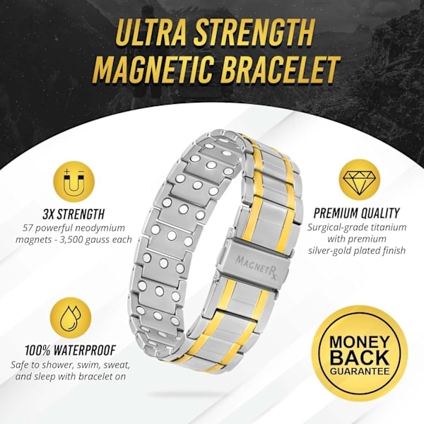 1 ST Styrka Titan Magnetarmband - Magnetarmband för Män - Premium Vikbart Spänne och Justerbar Längd Silver/Gold