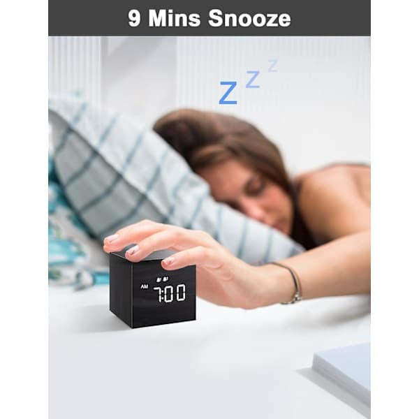 SCSYV Digital Väckarklocka, med LED-display i trä, Dubbla Alarm, 2,5 tums Kubisk Liten Mini Träklocka för Sovrum, Sängbord Black