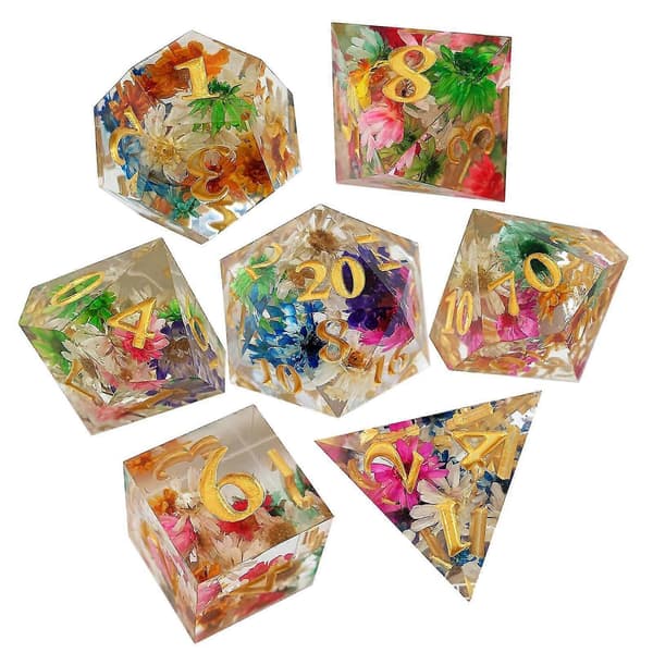 7x Polyedriska Tärningar Set Transparent Blomma Graverade Speltärningar För