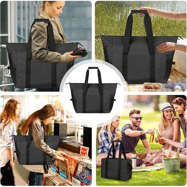 Isolerad shoppingväska Svart picknickväska Mjuk kylväska Fällbar kylväska Isolerad matväska med hårt foder Stor kapacitet Lunchväska för camping