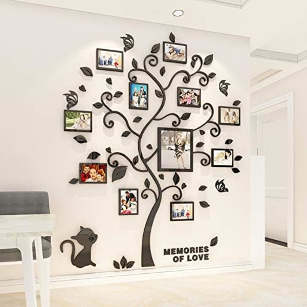 3D Svart Bagasjerom Oransje Gule Blad Veggklistremerker Familie Tre Dekal DIY Katt Dekor Klistremerke med Fire DIY Vertikale Stenger Bilderammer, Medium, 130 x 160cm Black Leaves