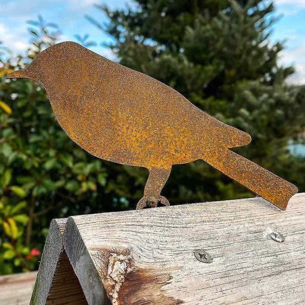 Rustne fugle med skrue til at skrue ind i træ, 4 patina fugle havepæl Rust rusten havedekoration egern rust dekorativ træpæl