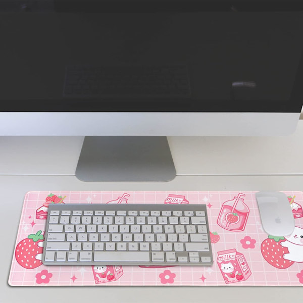 Kawaii Gaming Mousepad til Skrivebord, Udvidet Stor Kat Jordbær Mælk Mousepad, Pink Mousepad XL, Sød Mousepad Anime