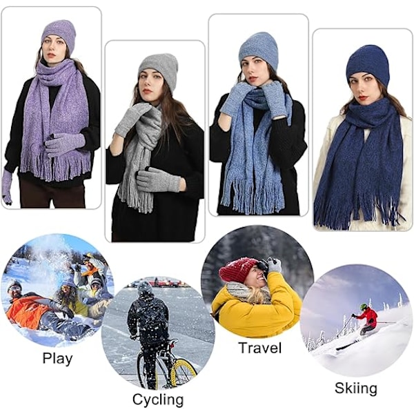 Vinter Unisex Beanie Hatt, Skjerf og Hansker Sett, Elastisk Strikket Hatt Langt Skjerf Berøringsskjermhansker Med Tykk Fleece Innerfôr for Menn og Kvinner Medium Gray