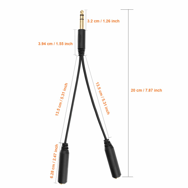 1/4 \" Splitterkabel, 1/4 \" TRS Stereo Han til Dobbelt 1/4 \" TRS Stereo Hun Jack Quarter Inch Splitterkabel - 8 \" / 20cm
