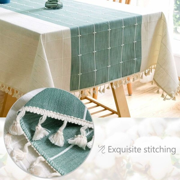 Solid bomull och linne rektangulär bordsduk Pläd broderi tofs bomull linne cover för kök matbord dekoration green 110*110cm
