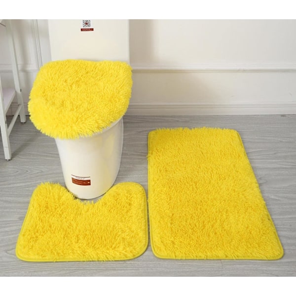Mjuka Mikrofiber Badmattor Set med 3 delar, Badmatta + Konturmatta + Toalettlockskydd, Halksäkra Badmattor med PVC-prickar Flanellbakstycke Yellow