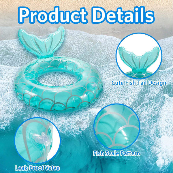 Svømmering til børn, holdbare oppustelige pool floats, havfrue anime gummi float ring, flydende sommer strandfest for 4-9 børn og vandsport Mermaid Blue