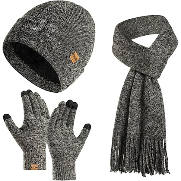 Vinter Unisex Beanie Hatt, Skjerf og Hansker Sett, Elastisk Strikket Hatt Langt Skjerf Berøringsskjermhansker Med Tykk Fleece Innerfôr for Menn og Kvinner Medium Gray