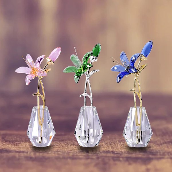 Kristallblomma Figur Lily Blomma Samlarobjekt Present till Kvinnor, Glas Lilium med Kristallvas Metallstam för Hem Bröllopsfest Dekor Blue
