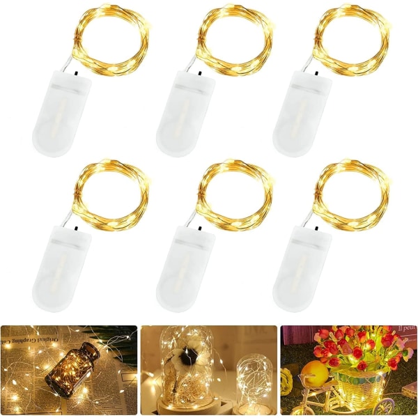 Batteridrivna LED-ljusslingor, 6-pack 2M 20 LED mikrotrådsljusslingor för sovrumsburkar glas bröllopsfest Warm White 6pcs