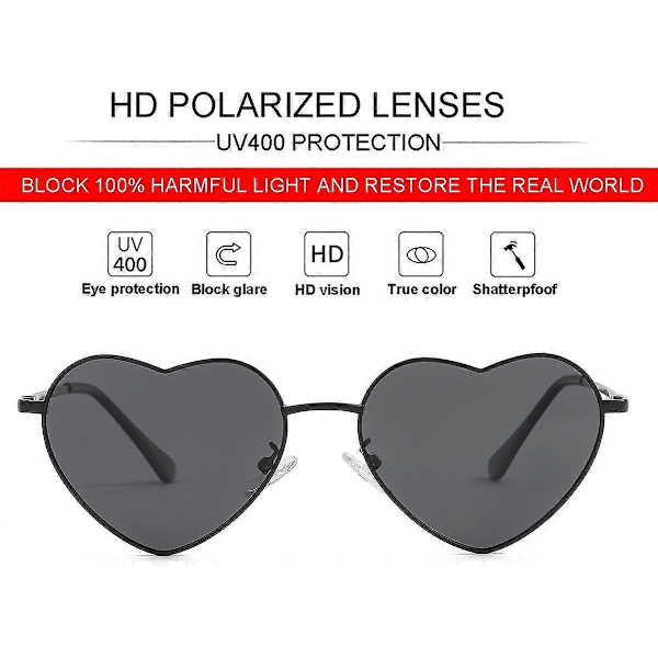 SDIGV Polariserede Hjerte Solbriller til Kvinder, Moderigtig Dejlig Stil Metalramme UV400 Beskyttelseslinse Black Grey