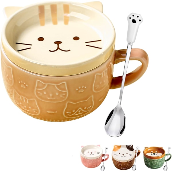 Kattkaffemuggar med lock och sked, Nyhet Djur Keramikkopp Dessertfat Set, Jul Födelsedagspresenter
