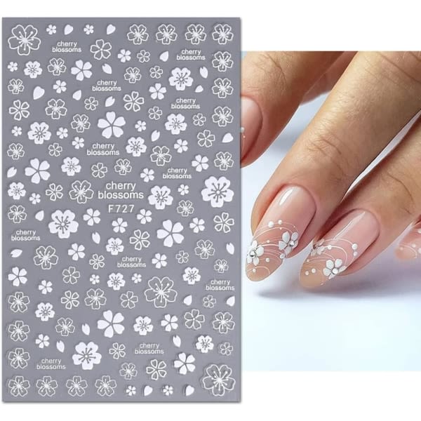 Blomster Nail Art Klistremerker Negle Dekaler for Kvinner 3D Selvklebende Negledekorasjoner Mote Hvit Blomst Kirsebærblomster Gardenia Negle 8 Ark