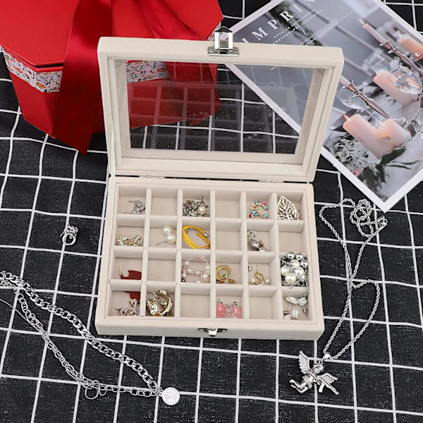Fløjls Smykkeæske Smykke Organiser til Ring Øreringe Halskæde Smykke Display Æske Opbevaringsæske Smykke Showcase med Låg til Kvinder Pige Beige