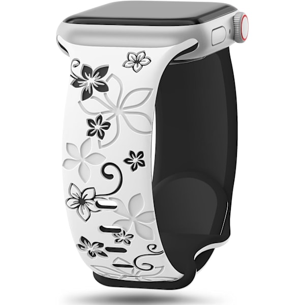 Kukallinen kaiverretut rannekkeet yhteensopivat Apple Watch -rannekkeiden kanssa naisille, söpöt kukka iWatch -rannekkeet pehmeä silikoninen urheiluranneke iWatch -sarjalle White/Black 42/44/45/49mm