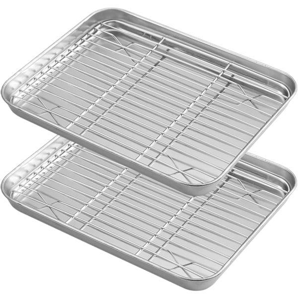 Bageplader i Rustfrit Stål, Non-Stick Bageplader til Ovn [2 Plader + 2 Rister] Stor Rustfri Trådplade med Kølegitter til Madlavning