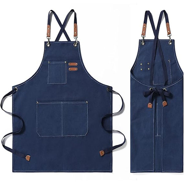 Canvas Chef Förkläde, Professionellt Verktygsförkläde, Justerbar Matlagningslapp, Kockförkläde för BBQ Hem Kök Restaurang Café Blue