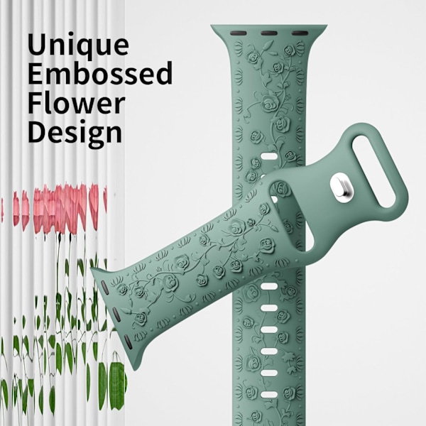 Gravert Rem for Apple Watch-reimer, iwatch-reim Kvinner, Myk Silikon Rose Blomstermønster Bånd for iWatch Series-reim Red/Cactus 38/40/41mm