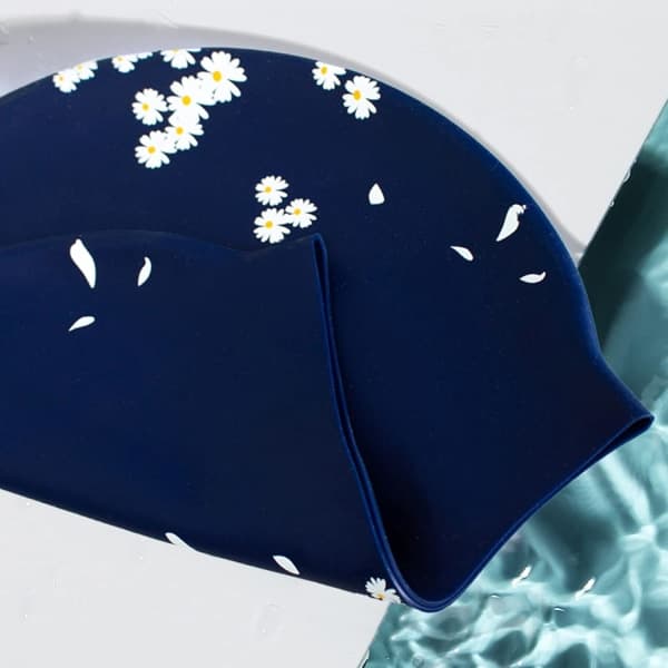 Silikonebadehætte til kvinder og piger, vandtæt blomsterprintet badehætte til langt hår (Navy Blue)