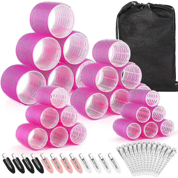 SQCLV Hårrollers Locktänger 48 st Set med 24 st Hårrollers 4 Storlekar (6 Jumbo Rollers/6 Stora Rollers/6 Medium Rollers/6 Små Rollers) och 24 st Ha Pink