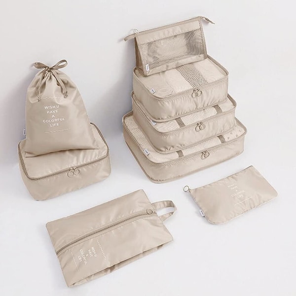 Rejsepakningskuber, Multifunktionel 8-delt/sæt Bagage Organiser Vandafvisende Kompressionskuffert Essentiel Taske Beige 8PCS/SET