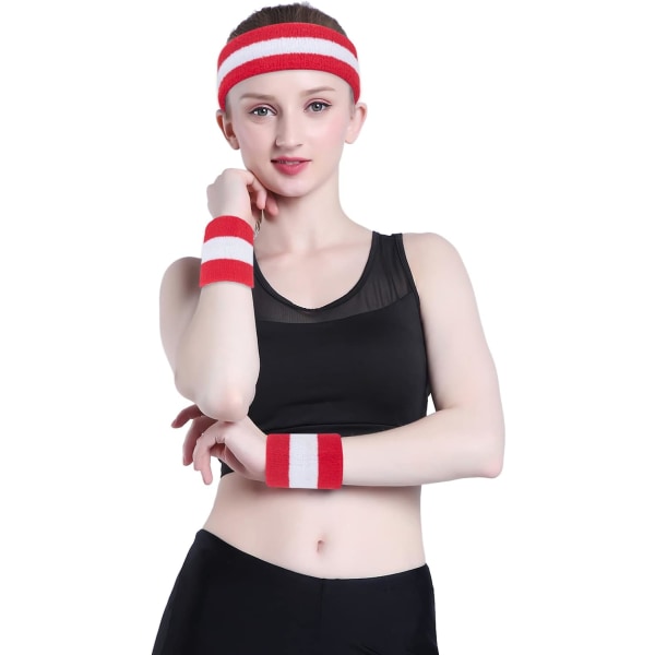 Sett med 3 svettebånd Sportshodeband Håndleddsstripe Svettebånd Terry Klut Håndleddsbånd Basketball Håndleddsbånd og Fuktighetsabsorberende Hodebånd Red/White/Red