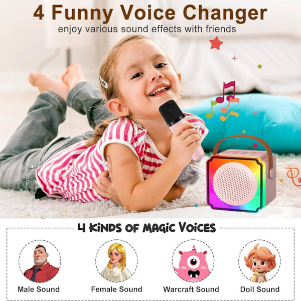 Børne Karaoke Maskiner med 2 Mikrofoner, Bærbar Bluetooth Højttaler med Farverige LED Lys, Stemmeændring, Mini Karaoke Maskine til Fødselsdagsgaver Pink
