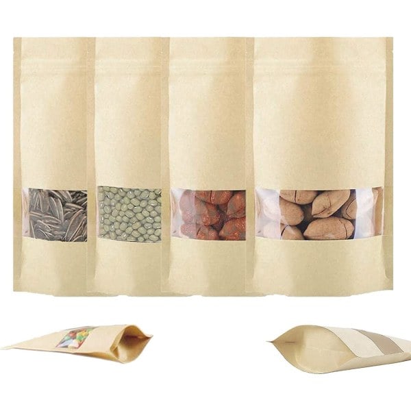 100 stk. transparente vindus Kraft-papirposer med glidelås, gjenbrukbare stående poser for mat, te, kaffe, tørket frukt (12x20cm)