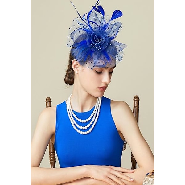 Verkkokukallinen höyhenkoristeinen fascinator hiuspinnillä - Hääkoriste, kirkko, teekutsu, derby-hattu, kilpailuhattu Blue