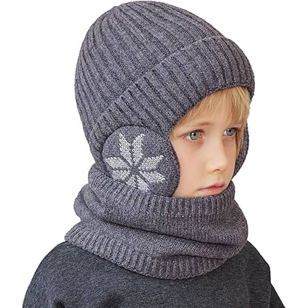 Vintermössa och halsdukssats för barn | Stickad halsduk och mössa för utomhussporter - Snöflingemönster Elastisk förtjockning Utomhussporter Mössa och halsdukssats Dark Gray