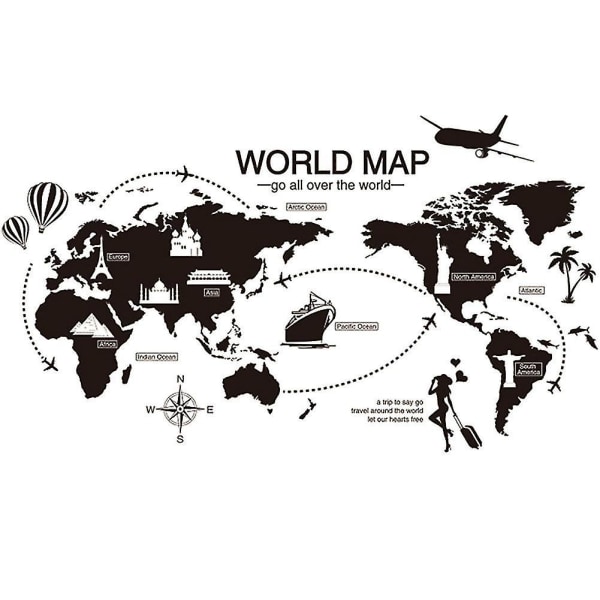 Svart världskarta Väggdekor Klistermärke Heminredning Väggkonst Lätt att applicera och ta bort Ny design