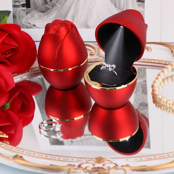 Hvid Ringæske med LED-lys Rose Smykker Ring Etui Smykke Display Gaveæsker til Frieri Bryllupsringæske C