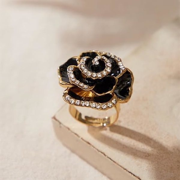 Rosblommiga Löftesringar för Kvinnor och Flickor, Statement Diamanter, Kristall 3D Emaljblommor, Justerbara Öppna Wrap-Fingrar